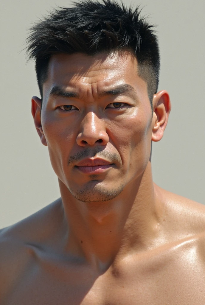 photo, 8k, sharp focus, male actor, lightbrown hair, brown skin, handsome, ikemen, 45yo, mixed with American and japanese, heavy weight, beautiful detailed eyes, short hair, center parted bangs, thick waist, large eyes, celeb, thin eyebrow, brown eyebrow, male black bikini, topless, fullbody, smile