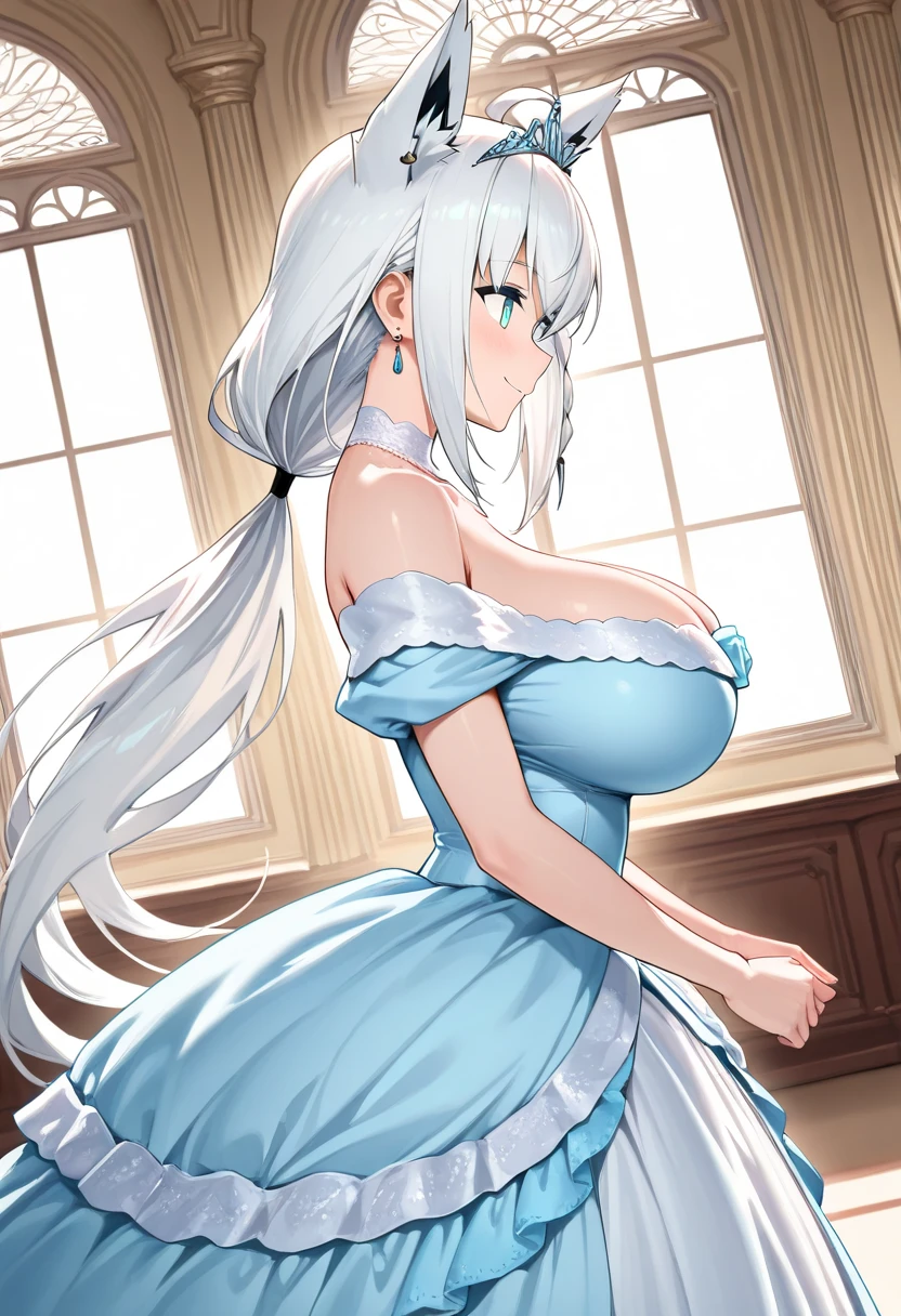 (hyper extreme detailed),(masterpeace),(hyper extreme),(photorealistic),CG,(colour:1.2), beautiful lighting,light from the front, solo,smlie, <lora:mylene_rafa_holfort:1>,mylene_rafa_holfort,sliver hair,long hair,blue hairband,hair_behind_ear,blue eyes,white long_dress,pendant,boot,