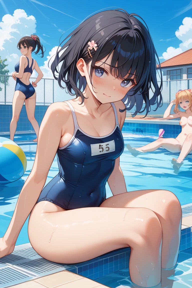 High image quality, 8K, high quality, masterpiece:1.2), ((masterpiece)), (High detail, high quality, 最High image quality), Depth of written boundary, Portraiture, Open Stance, (Cute illustrations:1.3), (5 non-virgin girls:1.2), Poolside, (Different hair colors and hairstyles), (Multiple girls with the same style:1.2), Dawn, Beautiful light, Professional Lighting, (Slightly small chest), (Dark brown areola), (Brightly colored swimsuits;1.8), ((Low V-neck one piece bikini swimsuit);1.5), Extremely revealing swimsuit, (A swimsuit that is as transparent as air, right down to the nipples and areola:1.8), (Idol Master:1.2), Cute round face girl, sexy, Dynamic pose, An exciting mood, smile, Dynamic Angle, Underarm,