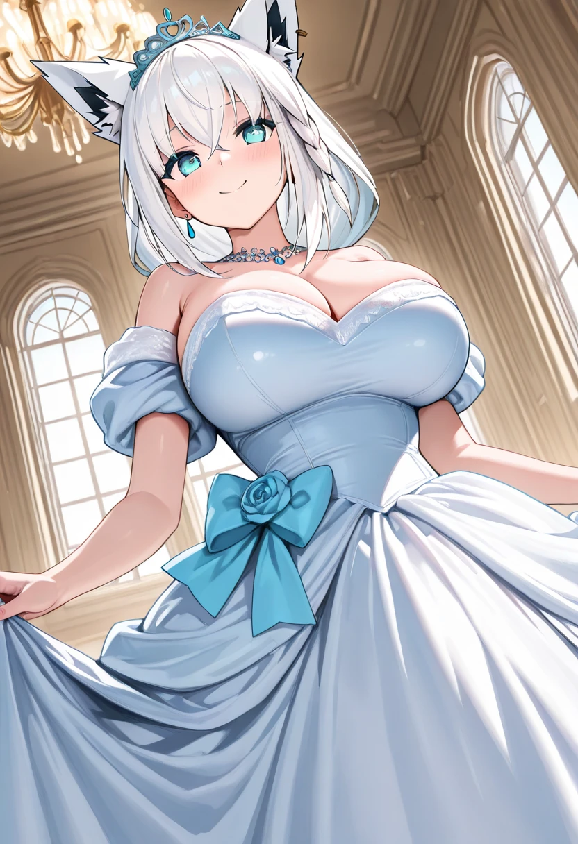 (masterpiece, 4k, high quality, colorful, super detailed eyes and face:1.2), 1girl, solo, 26 year old Scandinavian woman, Short blonde hair, bun-like hairstyle, bright blue eyes, big breasts, buxom chested, cleavage, strapless dark blue dress, corset, exposed shoulders, silver tiara, white stash, light blue heels, full body shot, (Background: Indoors, hallways, interior of a royal palace)