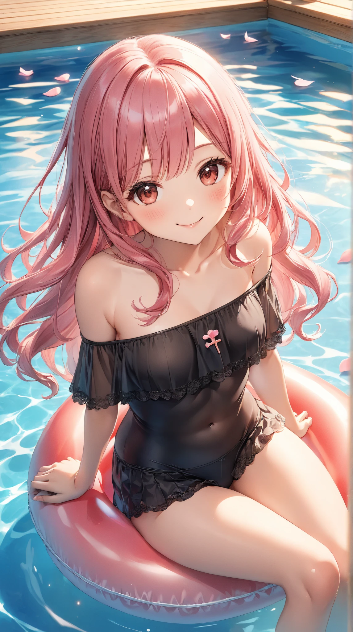 girl、cute、Yandere、Until death、Princess、young、and、、young、cute、Yellow Eyes、Pink Hair、Super Long Style、Half Twin、hibiscus、Straw hat、Big ribbon、cute、Being spoiled、Watery eye、heart、heart，smile、Be happy、Eyes glow pink、Red cheeks、Hawaii、Floral Bikini，Small breasts