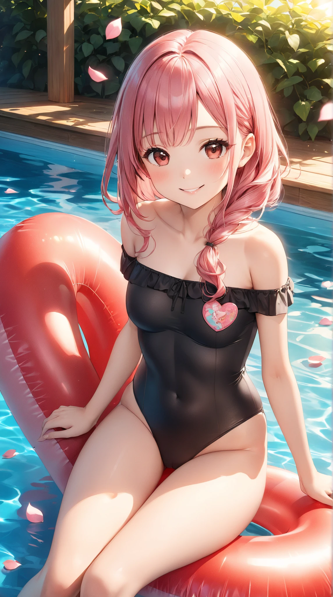 best quality, insanely detailed, nino nakano, breasts, one-piece swimsuit, blush, smile