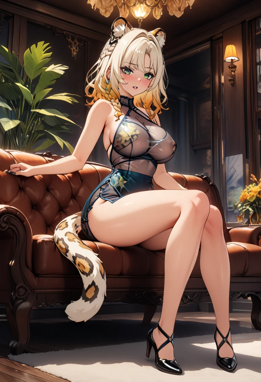 (masterpiece:1.2, best quality), (real picture, intricate details), 1lady, solo, tiger hybrid, demi-human, tiger girl, full body, sitting, long hair, minimal makeup, natural fabrics, close-up face, smile, long light platinum blonde hair, bangs, Korean bangs, bangs on forehead, green eyes, big breasts, bis tits, mature body, detailed face, tiger ears, tiger tail, bare chest, bare tits, piercing gaze, predator eyes, forest, forest settings, rainforest, tiger girl hybrid.