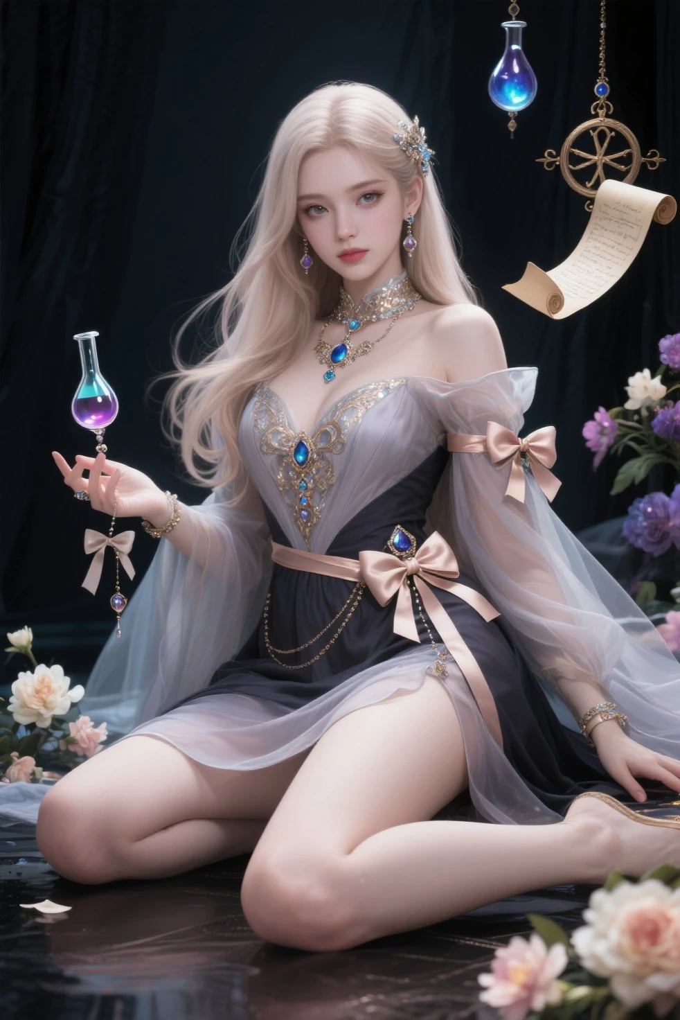 1girl,silver hair,off shoulder,red eyes,long hair,double bun,hair ornament,necklace, Beautiful dance dynamics, Long legs , Play in the pool, ((Flowing long hair))Official Art , Unity8k Wallpaper , Extremely detailed , Visible cleavage, Pretty and beautiful , 性感Long legs, masterpiece , best quality ,Practical, Very detailed illustrations ,Extremely detailed , Intricate details , Extremely complex and detailed , Very detailed 8KCG wallpaper , Caustics .reflection , Ray Tracing , Devil theme ,nebula ,Dark aura, Network Effects , (1 girl)solitary , 小蓝Butterfly , There are dozens of monarch butterflies around , (Blue plasma flame , (insect , Butterfly)) Pastel tones in Rococo style ,Light white and light dark red , Incredibly beautiful , Cherry blossoms , Surrealism ,painting , Ethereal , Mixing reality and fantasy elements ,Ray Tracing , Complex Mode , Exquisite lines , Perfect your hands, Starry Sky , Colorful , Star