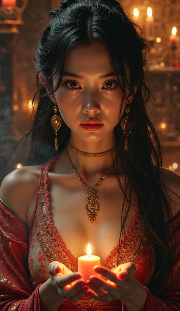 top quality, masterpiece, hi-res, 1 woman, 3, Japanese, western style fortune teller outfit, hair ornament, necklace, jewelry, beautiful face, calm smile, upon_body, Tyndall effect, photorealistic, divination room, candles on table, tarot cards, rim lighting, two tone Lighting, (High Definition Skin:1.2), 8k uhd, DSLR, soft lighting, high quality, volumetric lighting, candid, photography, high resolution, 4k, 8k, bokeh