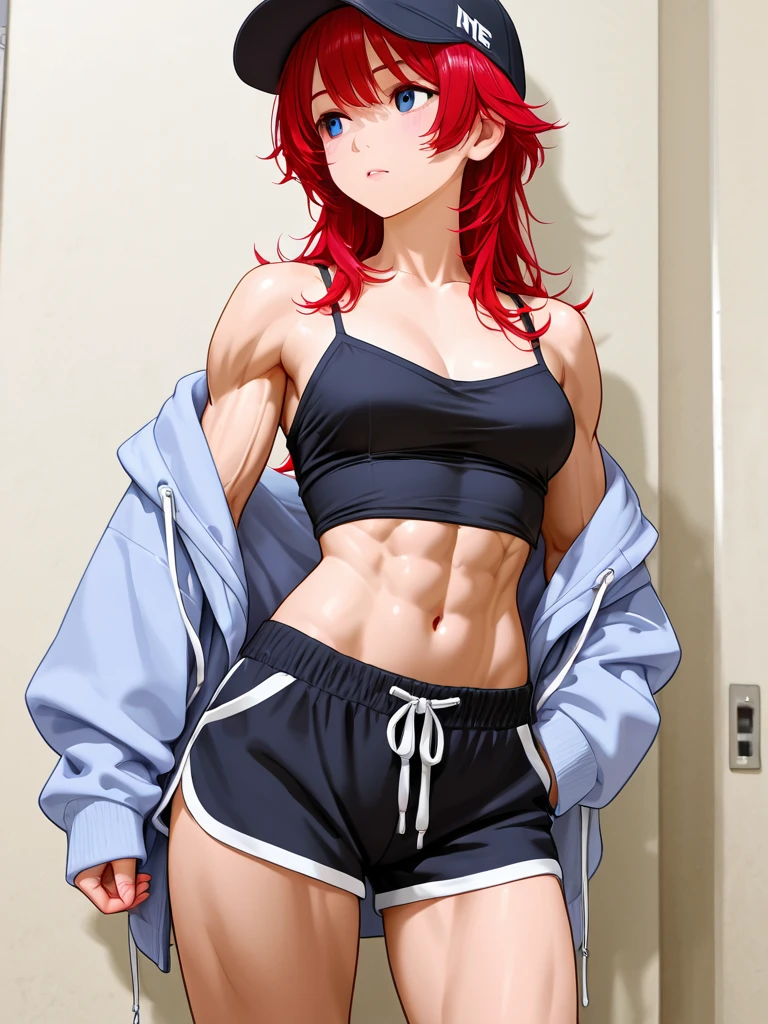 red bob cut, beautiful woman, gray leggings, white tank top, cowboy shot, flirty, military bearing, standing,, athletic body, muscular , tan skin, yellow eyes, twin_low_braids, small breasts