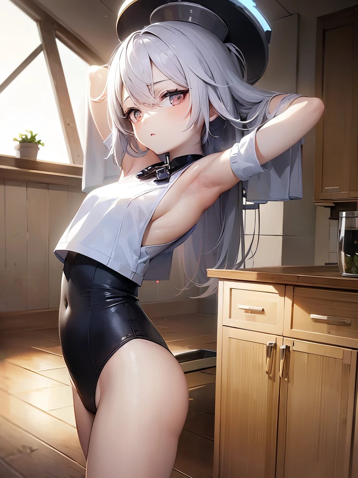 masterpiece, BREAK abyssal ship, Shining Eyes, BREAK (white Long hair:1.2), (pale skin:1.3), swimsuit, BREAK (young girl:1.5), (baby face:1.2), (short stature:1.2), BREAK Armpit, (leotard:1.3), BREAK (Attractive armpits:1.3), BREAK (hands behind head:1.4), BREAK (young girl:1.5), (baby face:1.2), (short stature:1.4), BREAK 1girl, BREAK cowboy shot, BREAK (operating room:1.4), Indoor, BREAK front view, facing forward, looking straight ahead, centered composition, character in the middle, straight-on angle,