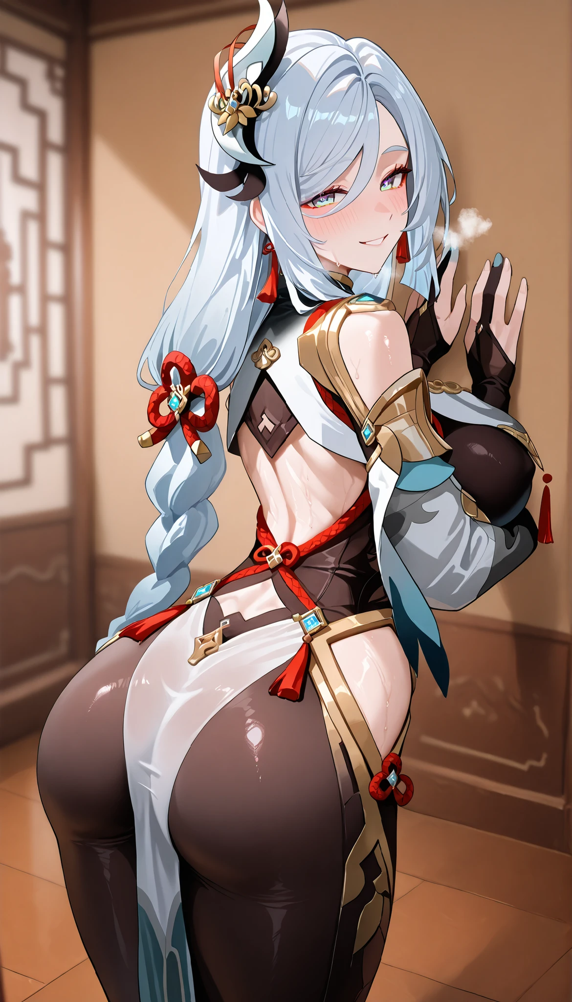 Ning Guang (Genshin), 1 girl, long hair, breasts, looking at viewer, blushing, bangs, large breasts, hair accessory, red eyes, dress, hugging, bare shoulders, closed mouth, white hair, heart, solo focus, looking back, facing away, sitting, sitting on glass chair, on glass panel, visible female genitalia, visible vagina, visible pussy, visible vagina, Chinese dress, tassels, cheongsam