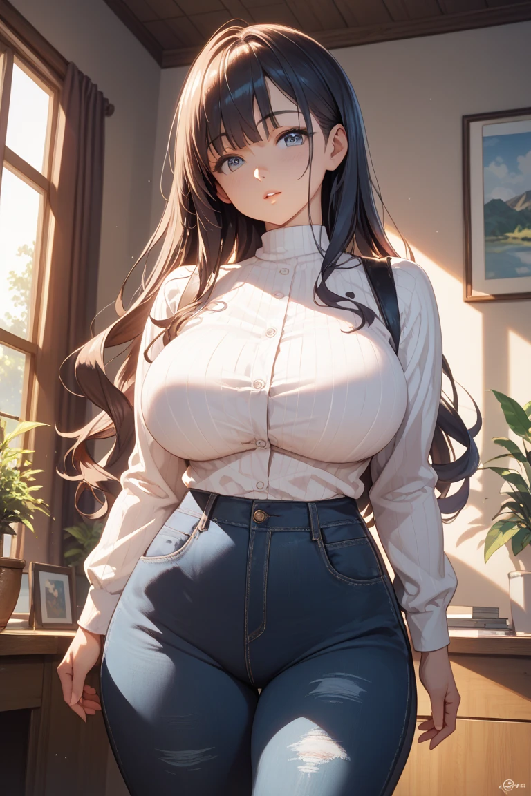 masterpiece, best quality, ultra detailed, sparkling eyes, (((nsfw))), large breasts, The image appears to depict a stylized, anime-style female character with a curvy figure, standing indoors. The character has long, dark hair and is wearing a sleeveless button-up shirt and tight pants. The background shows an interior space, possibly a home, with a wooden door and some indoor plants. The character has a friendly and approachable expression, with one hand resting on her head, suggesting a casual and relaxed demeanor. The overall style is typical of anime or manga artwork, characterized by exaggerated features and vibrant detailing