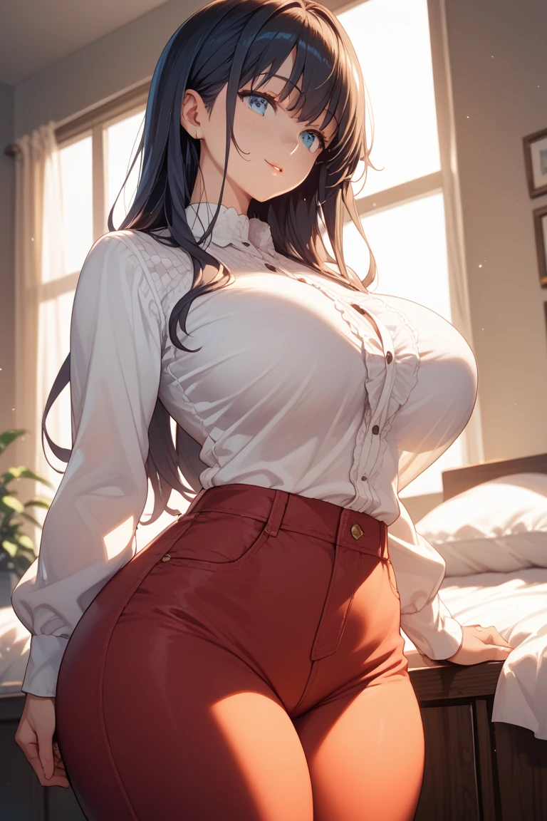 (masterpiece:1.4)、(highest quality:1.4)、ultra high resolution、beautiful features、20 year old woman、Black hair bun hair、earrings、white long sleeve collared shirt、Tight Skirt、black tights、(huge breasts:1.3)、red face、smile、stand、hotel bedroom、bed、wine glass、窓の外はnight景、night
