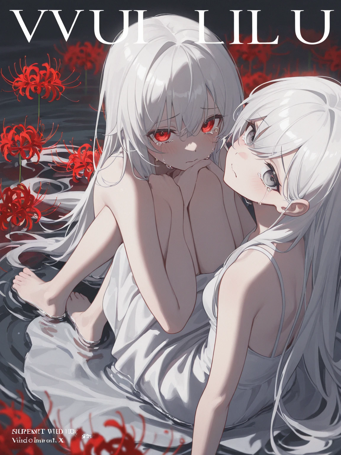 The anime girl has long light gray hair and red eyes. She doesn't wear a shirt. She has a perfect and beautiful body. With a hug with an anime girl with long colored hair and white eyes.