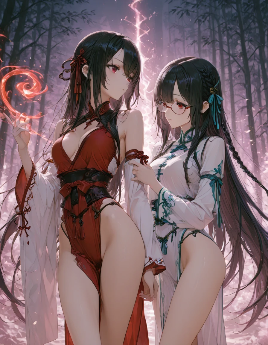 Two Girls、((Both have pale skin))、((Both have long, dark blue hair.))、Araune、roseの花、Huge 、rose、Parted lips、Pointed Ears、(Red eyes),(首と髪にroseの花),(Full nudity)