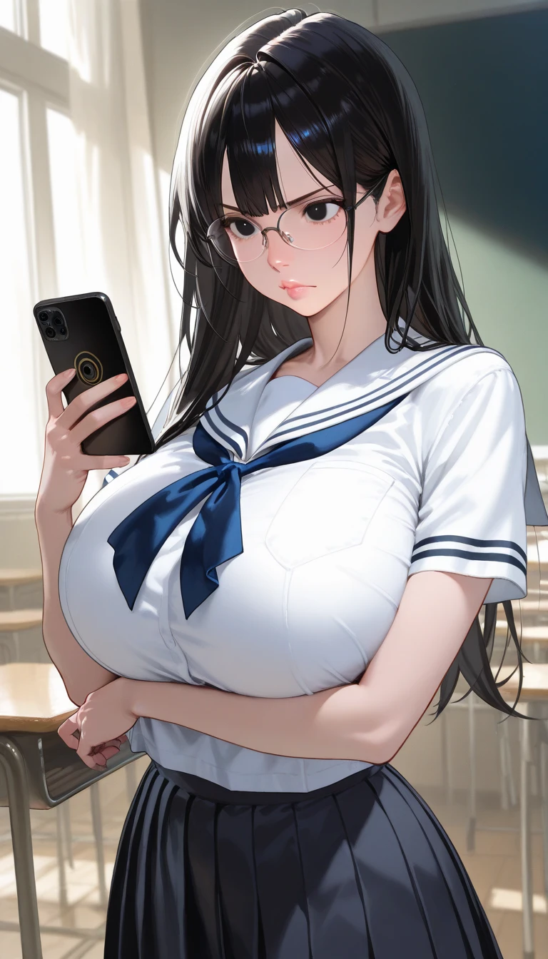 Photo_Comparison, 1girl, School uniform, black hair, atlibrary, phone, mobile phone, Smartphone, nude image, female masturbation