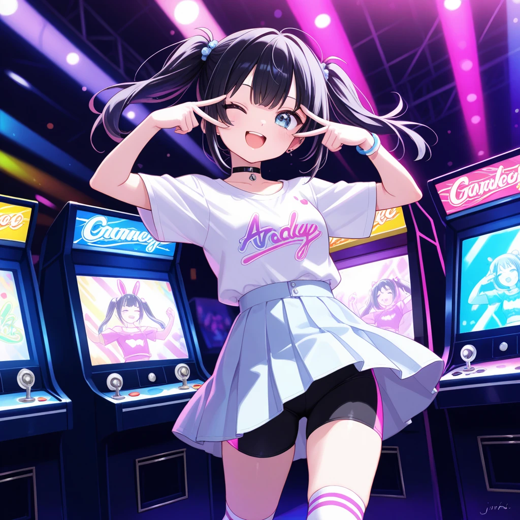 best quality, super fine, 16k, incredibly absurdres, extremely detailed, 2.5D, delicate and dynamic, Anime High Score Girl heroine Ono Akira, cute girl, long straight black hair with blunt bangs, sulky expression, expressionless, purple dress with ribbon, black tights, kicking destroys Arcade Game Machines in anger, beautiful effects and backgrounds