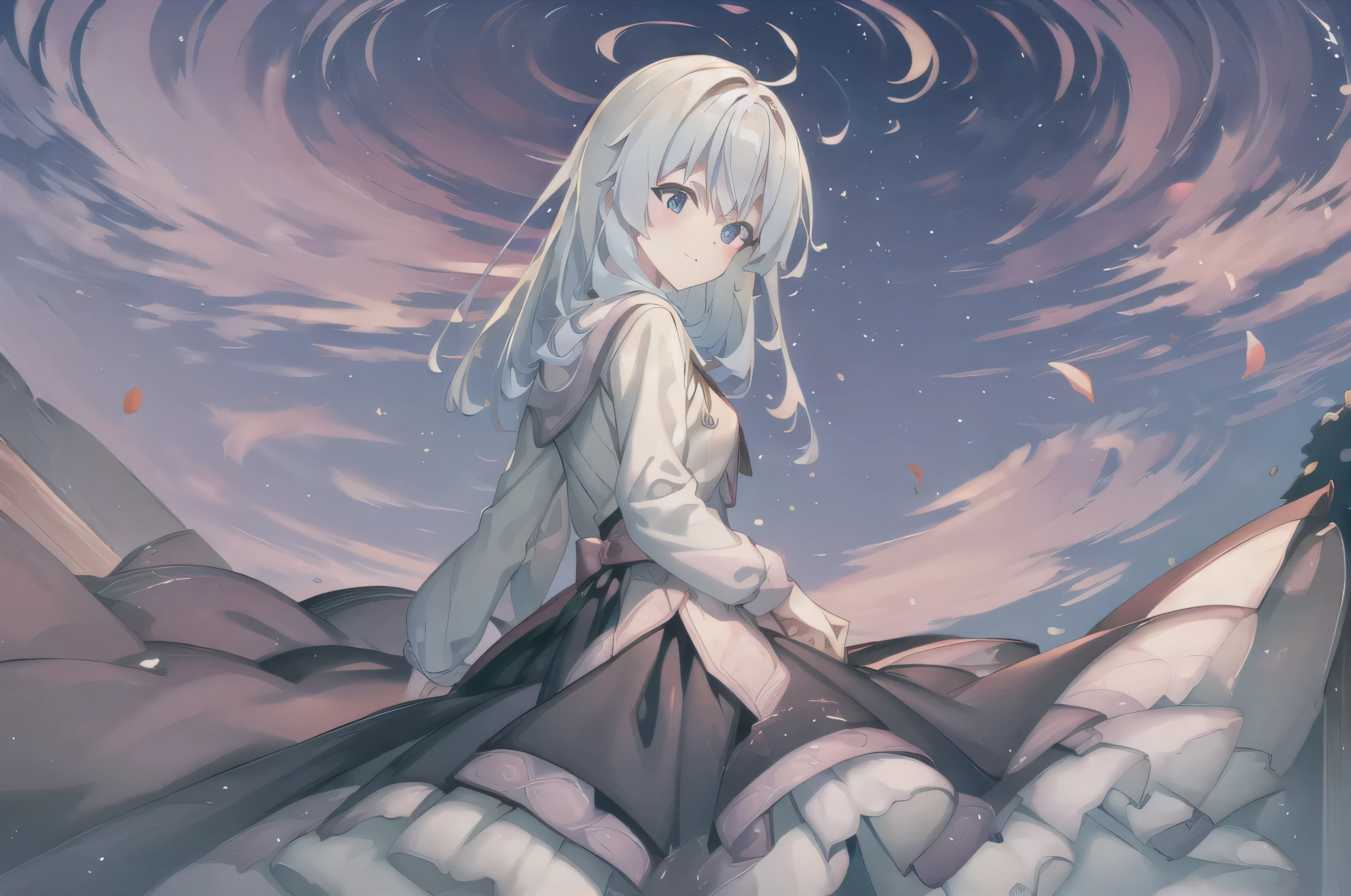 (best quality,   masterpiece, high resolution),1 girl,alone,long hair,  bangs,Cowboy Shooter,  blurry,wind,lightweight particles,(super detailed),  REAL LIGHTING , 4K,  8,000,white dress ,  skirt，White hair, long hair，night，Sky，Star，Stars，抬头望向Sky，background， looking back at the audience ，Back。
