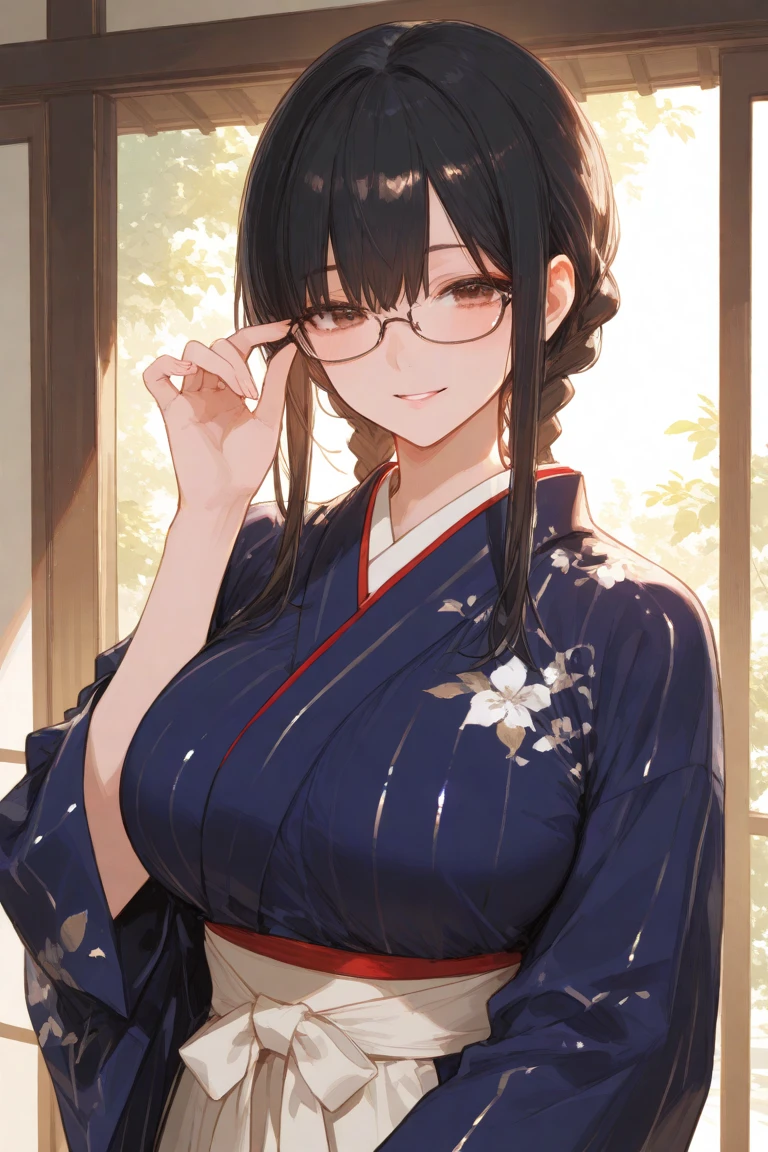 a woman in a kimono sitting on a bench with a blue robe, in kimono, in kimono, ((wearing aristocrat robe)), enchanting anime girl, commission for high res, wearing royal kimono, in robes, Anime Moe Artstyle, goddess of Japan, with glasses, by Kamagurka, [ 4 k digital art ]!!, wearing a simple robe