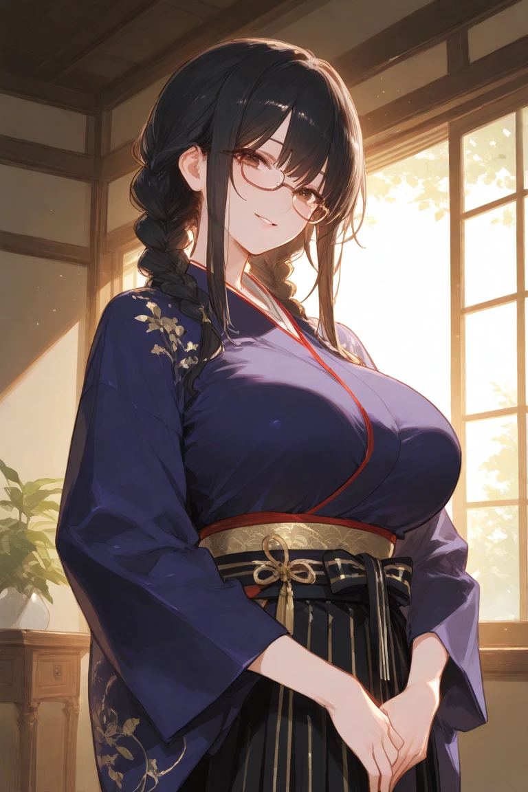 1 female、brown haired(Curta)、Brown eyes、Black-rimmed glasses、Best Quality、ultra-detailliert、8K resolution、Raw photo、masutepiece、seductive boobs、gorgeous faces、Perfect body、a smile、kimono