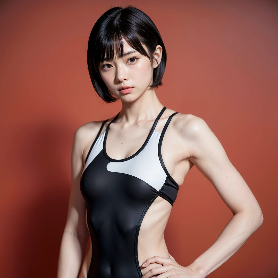 RAW Photos, Japanese, 、Black short bob, Short Hair, asymmetric hairstyle、small size of breasts, Flat Chest、Slim body, Realistic, masterpiece, highest quality,Best Shadow, , Photorealism, Hyperrealism, Only one girl, (Urinating : 1.3), School Swimsuit、Women's locker room、Pointed Chest