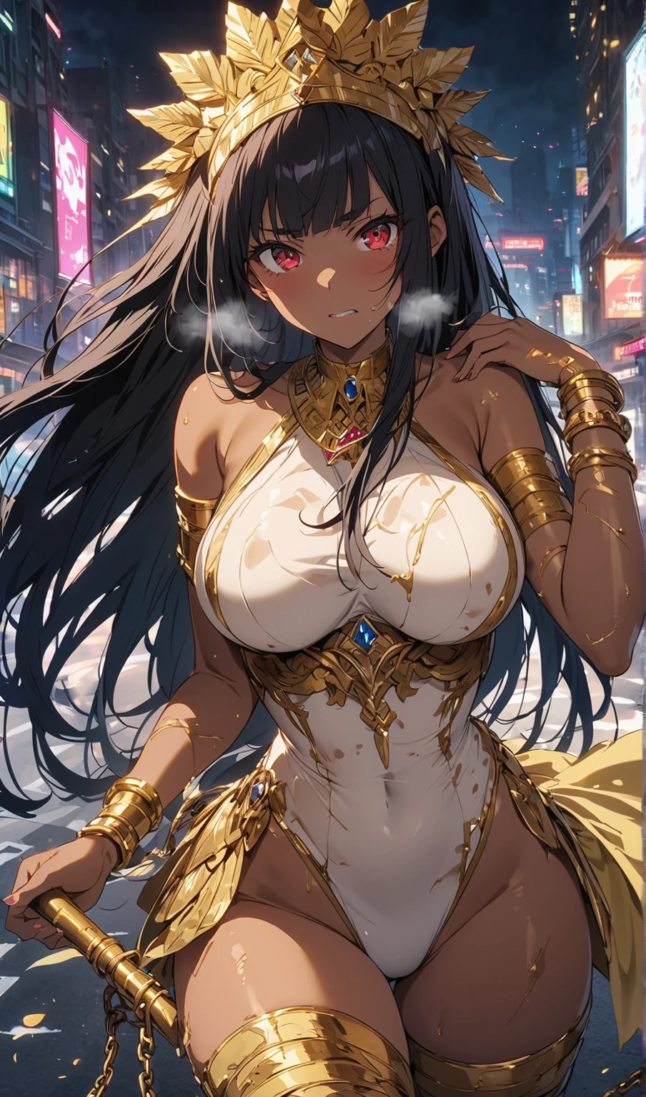 Best Quality, High resolution, absurdities, ultra detailed, 1 girl, (long_hair, Alone, hair_ornament, dark hair, tanned skin, collar, bangles, big breasts), Wet, costumebzc, top-less, minimal costume, bare breasts, touched, fake breasts, heart empanadas, covered nipples, arms up in the air, hands behind head, cowgirl squat position, to throw, night club background, spotlights on the ceiling.