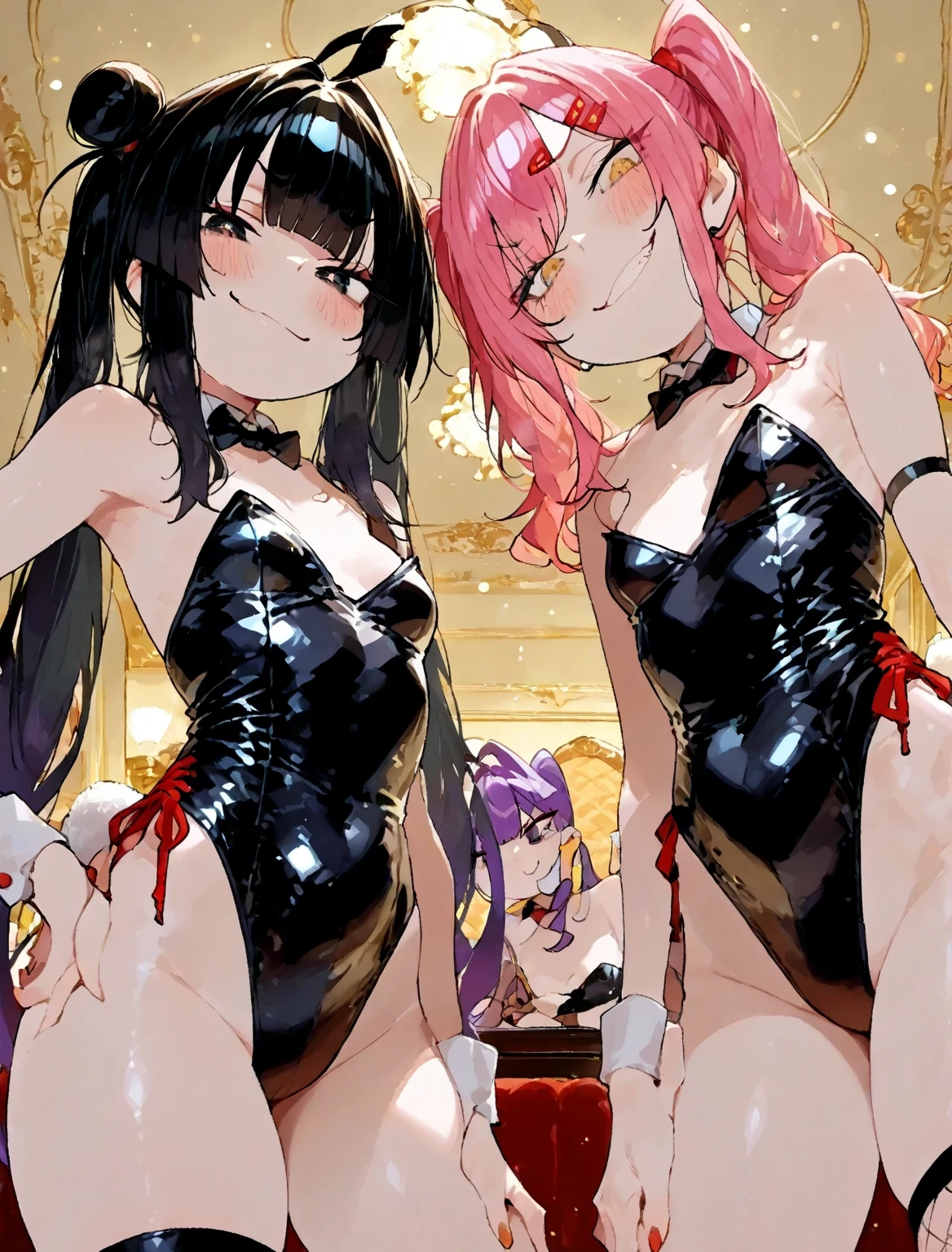 masterpiece, best quality 2girl, beautiful women, bangs, black hair, very long hair, ponytail, blue eyes, deep blush, grin, large breasts, black dog collar, black playboy bunny outfit, cowboyshot, looking at viewer, strip club background