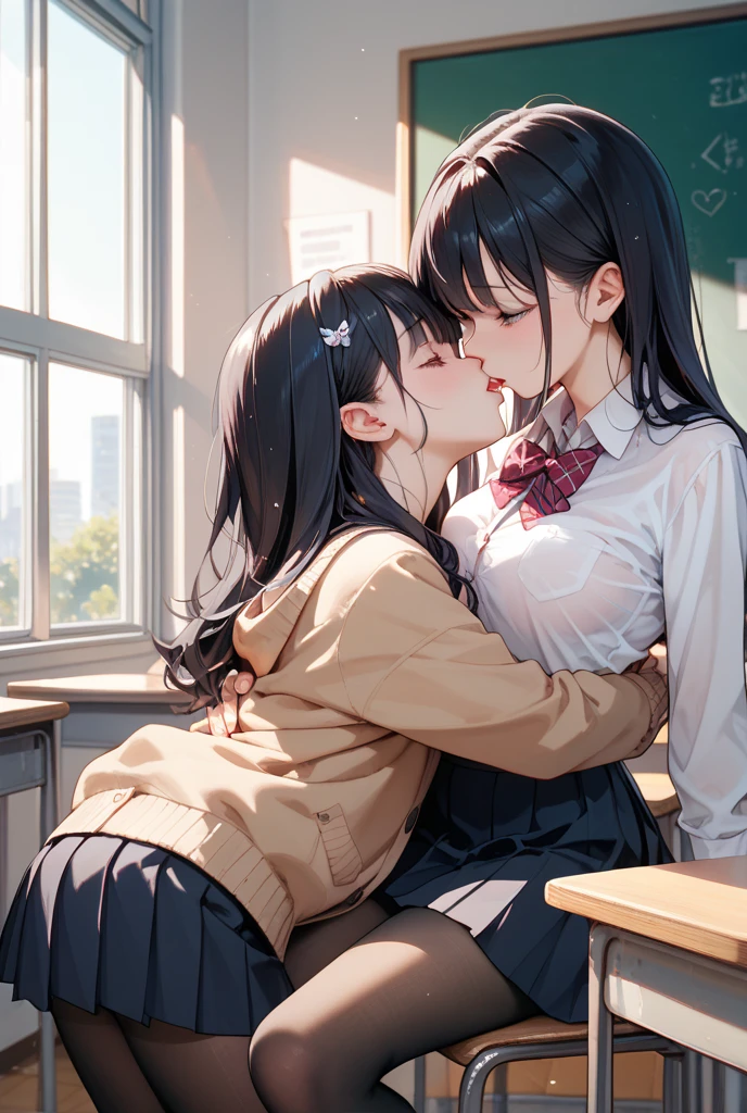 ((Highest quality)), ((masterpiece)), (detailed), Perfect Face, Beautiful Face, Highest quality, ultra expensive resnatural light, Glowing Skin, detailed skin, detailed face, detailed eyes, (2 girls), ((Two girls staring at each other)), French kiss,A girl with black straight hair and a girl with a pink ponytail, Japanese expensive school girl, expensive , Blazer and checkered skirt,Small breasts,((Highest quality)), (非常にdetailedな), (High-definition CG synthesis 8K wallpaper), expensively detailed, expensive-definition raw colbor photos, Professional photography, Written boundary depth,Deep Kiss,Kiss between girls,With tongue、