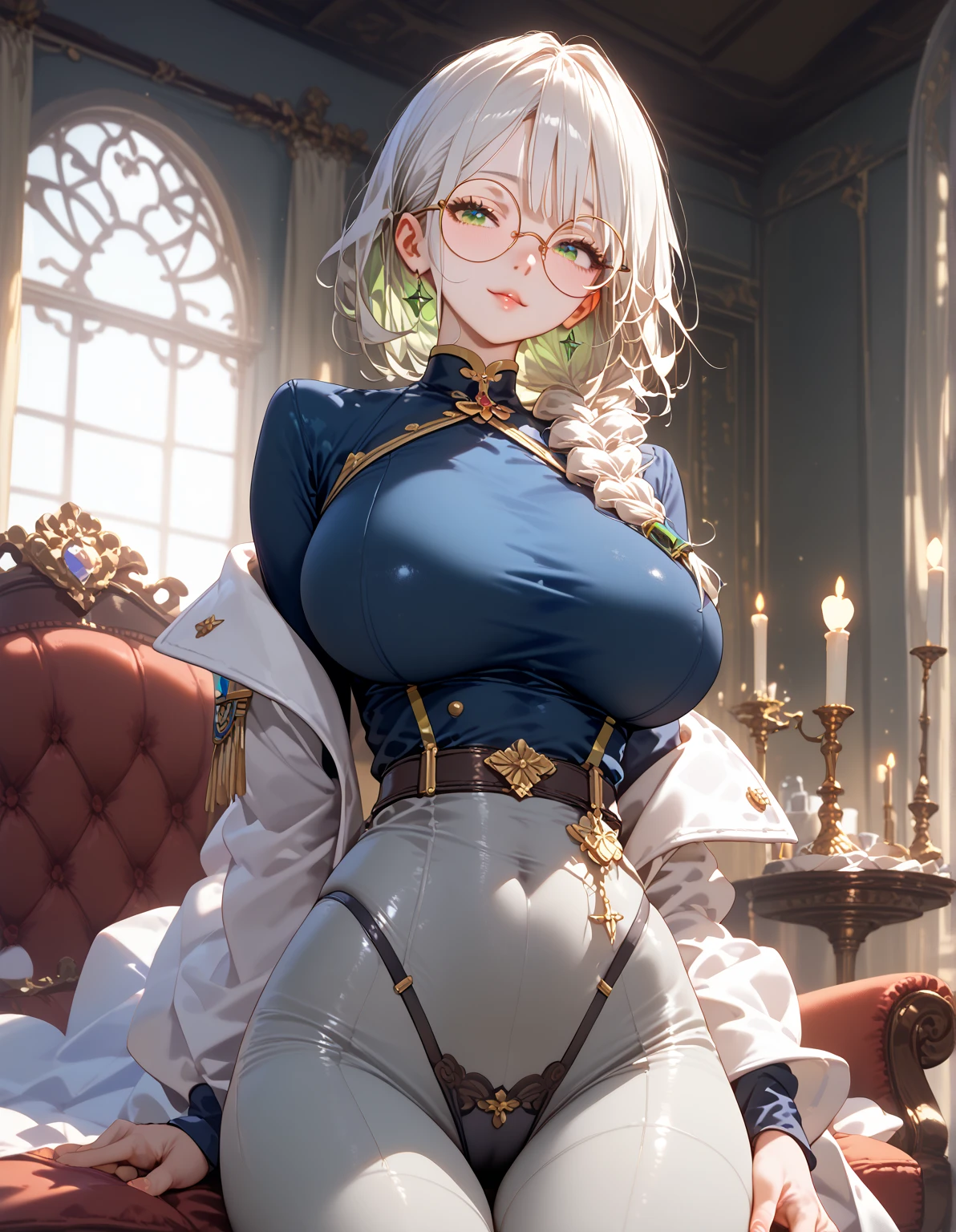 young girl, Long white hair, blue eyes, blue beautiful dress, Huge-breasts, eyeglasses, Masterpiece, hiquality, 4k, HD, Good detail