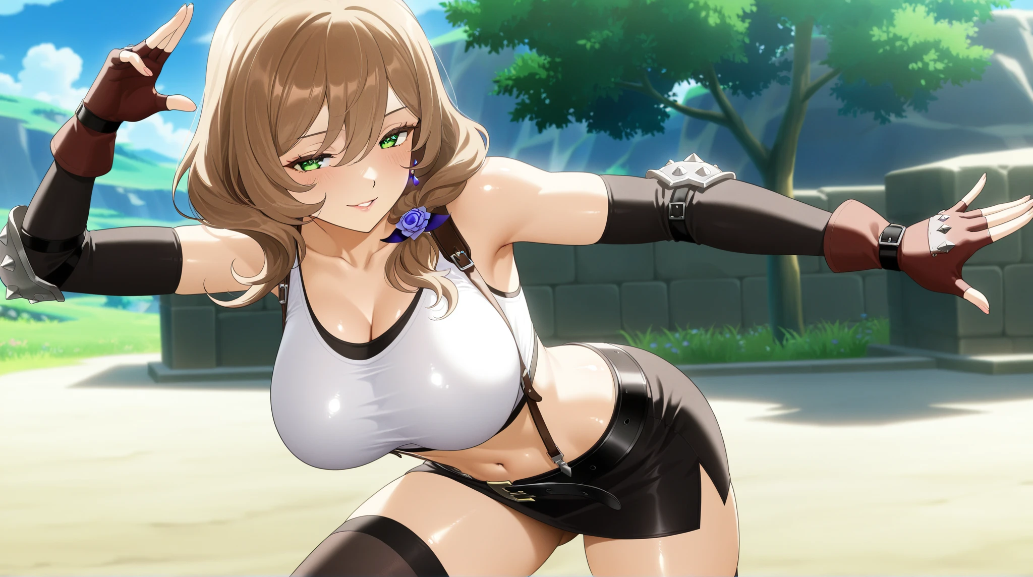 best quality, (masterpiece:1.2), highly detailed, standing, street,
1girl, solo, akatsuki minami,
looking at the viewer, closed mouth, smile, slight blush,
blue eyes, brown hair, ponytail, hair bow, sleeveless, ((the girl is dominatrix and she is wearing latex outfit, she is dominant and merciless, she is wearing a necklace, navel, violent woman, brutal girl)),  cowboy_shot, nsfw 