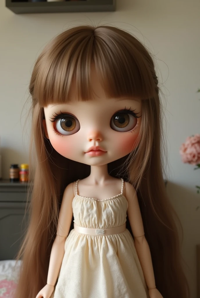 Bytlhe doll with bangs lined eyes, long eyelashes, dark brown eyes, hair a little below the shoulders, thick lips, slightly dark skin, thin eyebrows 