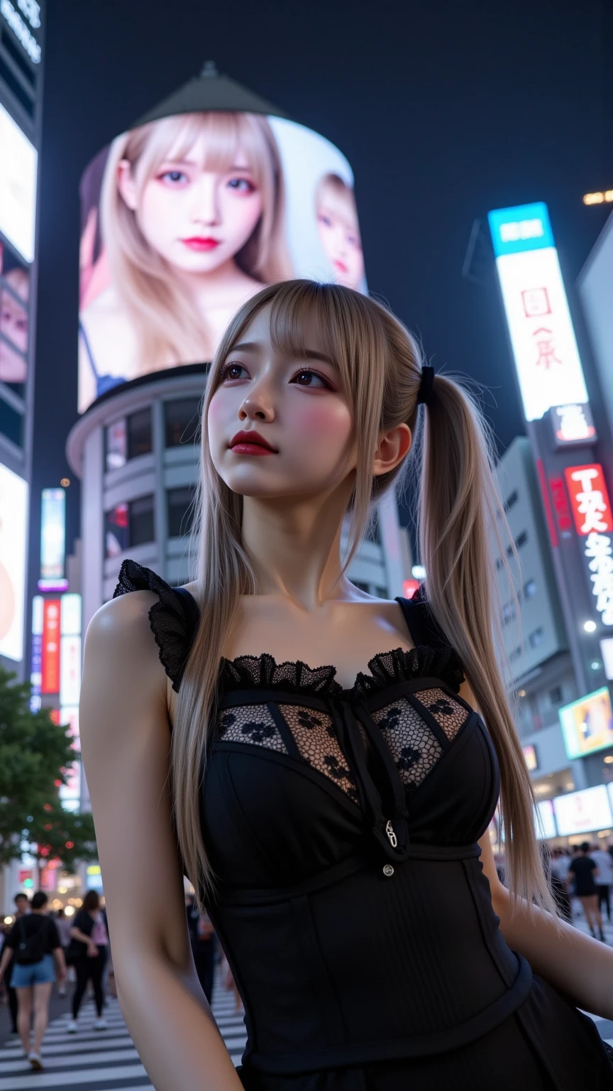 Blonde hair, winking, Shibuya night, heavy makeup