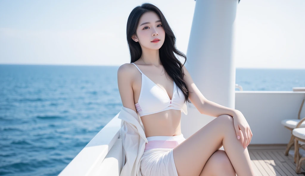 ((Best image quality)、Korean 20 years old、On a luxury yacht, NFSW, high resolution, Natural and smooth implementation, head and body balance、Perfect 바디 뷰티:1.4、slim、thin legs、((dark brown hair、very small breasts:1.2))、, Highly detailed face and skin textures、eye for detail、shy smile、Perfect 、with legs outstretched, lighting areola、Aiming to become a gravure idol、Slightly lower angle than the front、top quality、reality、open crotch、cute appearance、small ass、K-pop makeup、embarrassed expression、thin waist, White and clear skin, cute belly fat, chubby, Narrow pelvis, hairstyle for long hair, wet, natural implementation, Wearing various vacation looks, Clear and bright weather, On a luxurious and luxurious yacht, Yacht floating in the middle of the sea, Natural posture, slim 허벅지, exposed pubis, White jade skin, tempting