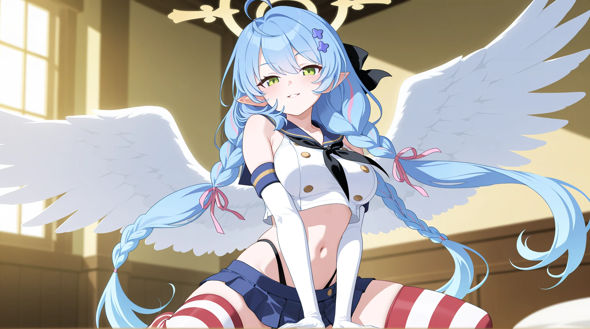 1 girl,Amane Kanata,Angel Wings,Standing on one leg,Close one eye,smile,raise one hand up、naked、Nipples、Pussy、nsfw