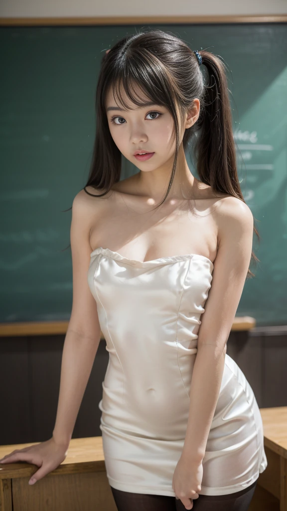 ((Acting in the school classroom 1.3)), (8k, RAW Photos, Highest quality, masterpiece:1.2), (Bun twin tail), alone, Looking at the audience, Viewed from the front, ((性欲が強いhigh school girl:1.5))、Beautiful white skin, knees, Absurd face is small, Part your bangs down the middle, The forehead is visible, Glare, ((Mischievous expression:1.5)), Ultra-high resolution, cute, Slender body line, Outstanding proportions, (Suit in smooth and tight clothes:1.2), high school girl, (Baby Face:1.5), Japanese women, Are standing, (Photorealistic:1.37), Photon Mapping, Realistic, cute顔が小さい, Brown eyes, prospect, Written boundary depth, Blurred Background, (I can see the bangs), Silky smooth hair, (Beautiful thin thighs:1.5), (Small beautiful butt:1.5), Light clothing, thigh, Nogizaka idol, Idol, (Detailed hands:1.3, Accurate hands:1.1, Beautiful little hands of a girl:1.3), (Small small breasts:1.3, Cleavage), Super quality, Low people, (Clear white skin, Skin with visible pores:1.2), (Focus on the face), Check and correct the garment construction, (Perfect Anatomy:1.3), (Detailed eyes and face:1.3, Professional photography techniques), (Blowjob pose:1.4))