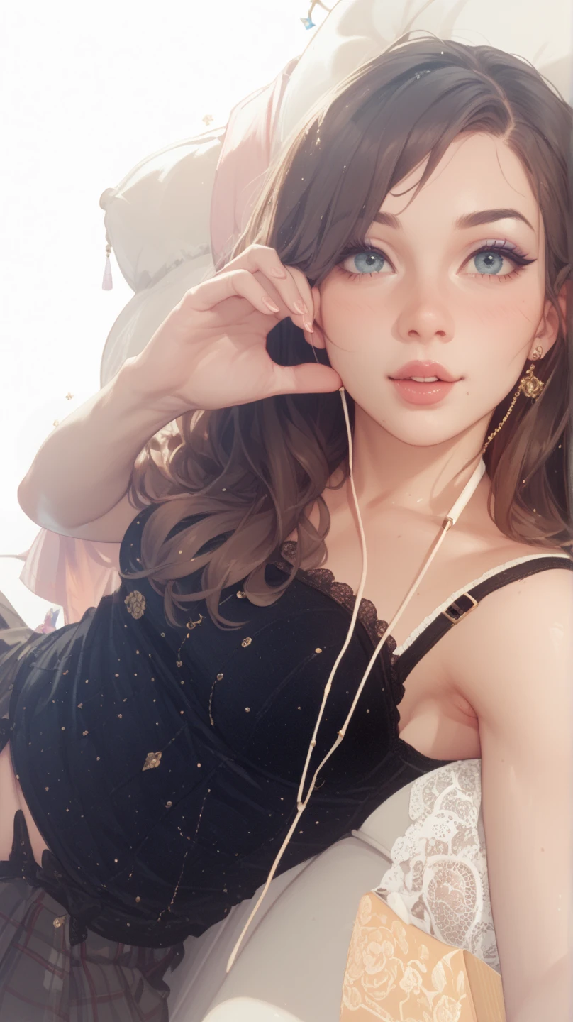 Femme Arafed complètement , fille sexy aux yeux bruns, ultra réaliste, Méticuleusement détaillé, portrait sophie mudd, cheveux bruns et grands yeux, selfie d'une jeune femme, sur le canapé, violette myers, sans maquillage, Maquillage naturel, regarder directement la caméra, Visage avec Artgram, Maquillage subtil, Superbe photo de tout le corps agenouillé sur le lit, dans la chambre, gros seins en bonnet C. NU