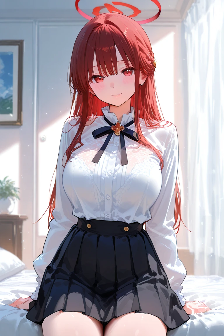 Highest quality, masterpiece, figure, wallpaper,One girl,White shirt, Light Hair, Beautiful detailed girl, Highly detailed eyes and face, Beautiful attention to detail, Shine,Browsing Caution, View your viewers, bed, night, Black Pantyhose, Straight hair, Red Eyes, long hair,Red Hair, thick_Thighs, Large Breasts, Red eyes,Sitting,beautiful finger, clear background, deep night, Lying down、smile、Big earrings、bracelet