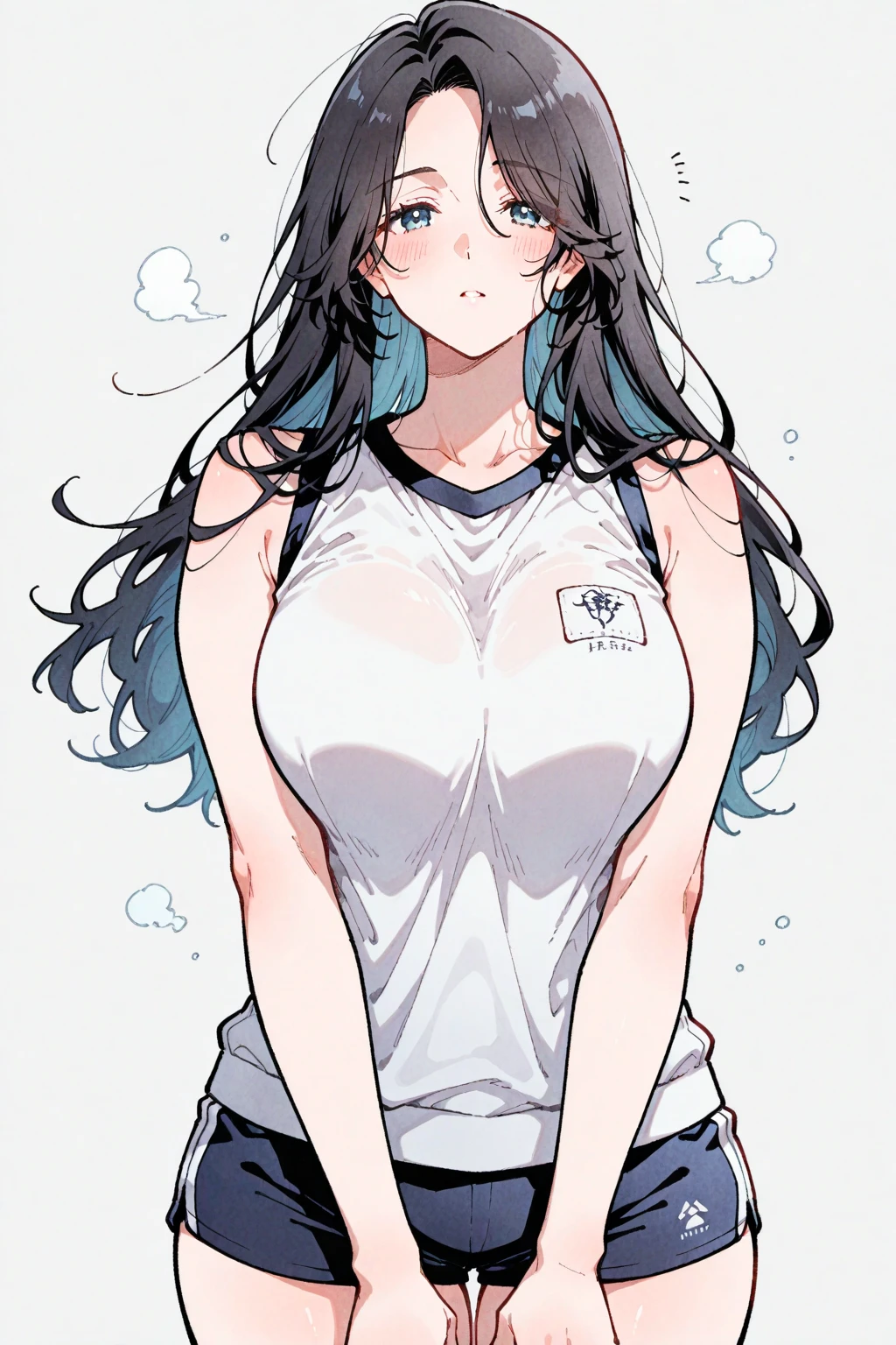 Anime Kawaii sexy Perfect Slim sensual body large breast and huge thighs, An intricate and highly detailed illustration of anime (Young girl). standing alone、high school girl、Caucasian skin、Make-up natural、Bblack hair、bangss、long straight hair、(((White short sleeve upper body t-shirt)))、(((Long, white workout clothes)))、(((Very tight bloomers)))、(((Marine Blooms)))、(((Tuck the bottom of your gym clothes into your shorts)))、breasts big、((big-ass))、(((School&#39;s yard)))、(((realistic fingers)))、(((realistic styling)))、((perfect figure))、(((vertical)))、(((rear view)))、(((Future Perspective)))