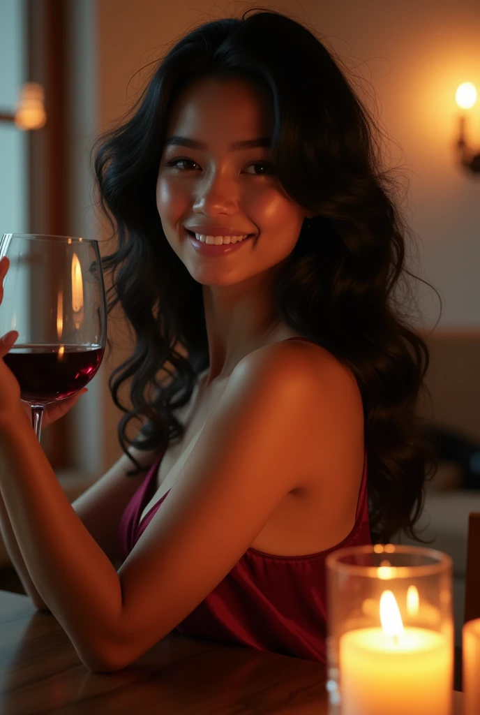 A young woman with a glamorous look, wearing a red dress, stands in a dimly lit restaurant, holding a glass of red wine. Her expression is soft, almost thoughtful, and the warm lighting casts a gentle glow on her face. The background is blurred, with the soft glow of fairy lights and the lush greenery of the restaurant decor.
Lighting: warm and inviting, Colors: rich and vibrant, Texture: smooth, Background: softly blurred, Rendering: high quality]