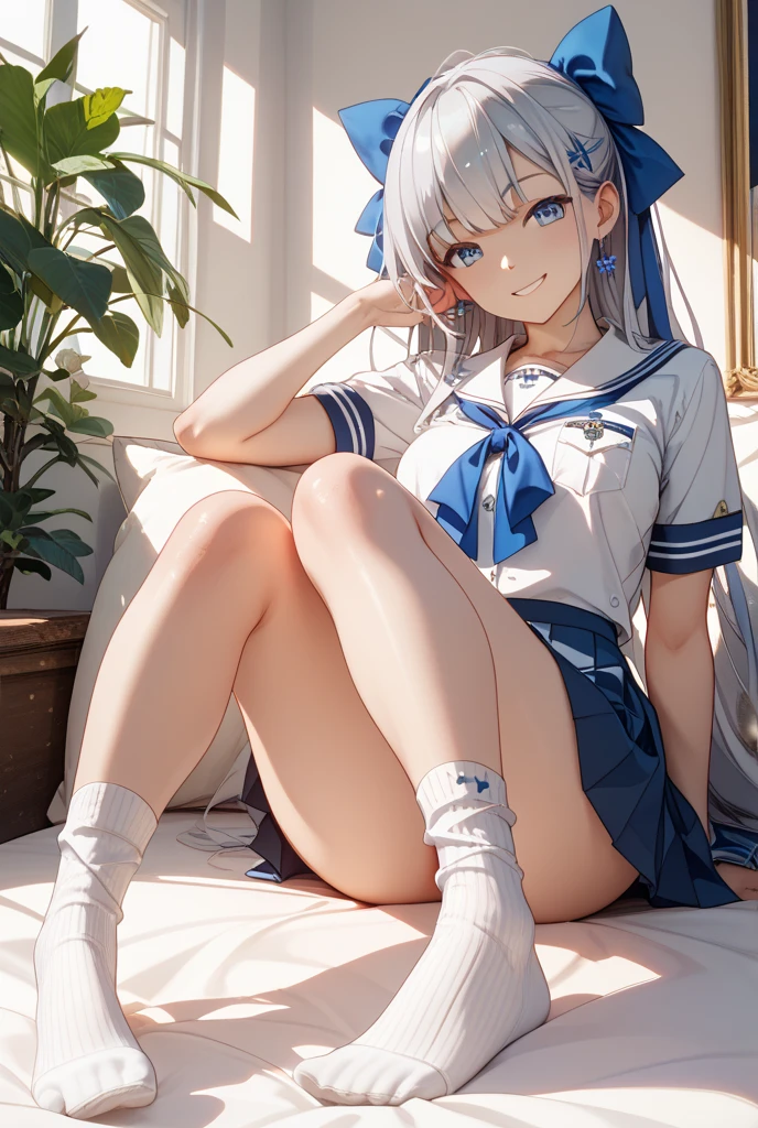 very cute and beautiful girl,(Very detailed美しい顔), (smile),blush,Black Hair,Seraphim,(White Hair、long hair),(White Shirt、Pleated navy blue pread your legs、Squat)、Sitting、(From below)、(Lace panties), Country road, (Highest quality,masterpiece:1.0),Absurd,High resolution,Super detailed,Very detailed,32K,8k resolution, Intricate details,Movie Scenes,Detailed Background,alone,Dynamic Angle,