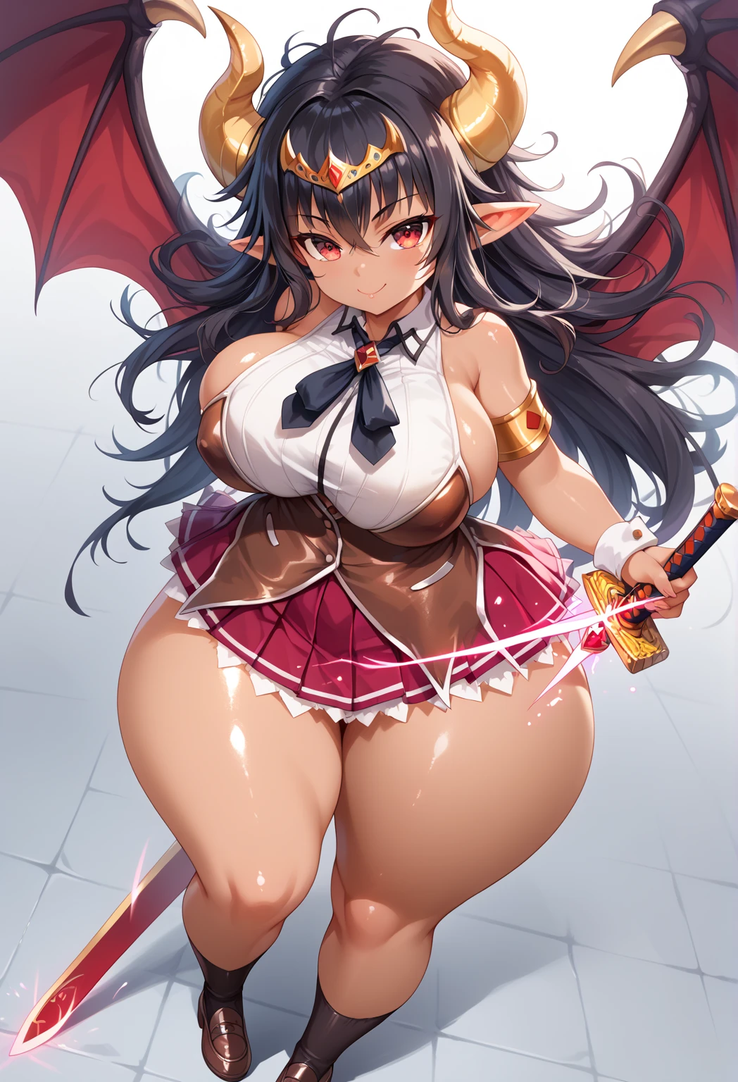 masterpiece, best quality, high quality, beautiful anime character, solo, anime girl with dark hair, long hair, small evil horns, elf ears, purple eyes, big breasts, mature female, big girl, thick, light smile, outdoors, almost full body, (sailor uniform, ribbon, pleated skirt, thighhighs), ((skirt futanari, futa, penis_under_skirt, perfect penis, perfect face)),