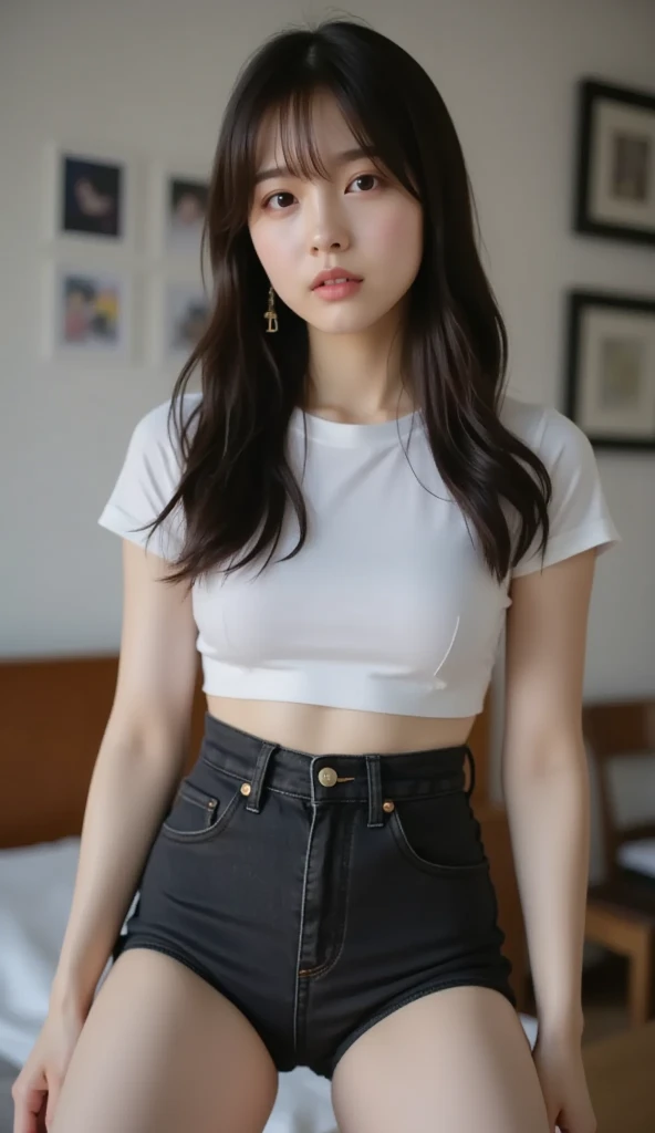 Best Quality, Masterpiece, Ultra High Resolution, (Realisticity: 1.4), Original Photo, Cinematic Lighting, 1Girl, Cute, 20 years old, perfect face, light brown hair, brown eyes, proportional posture, medium size breast, no bra, black shoulder off shirt, mini skirt, her name Alicia Schmidt
