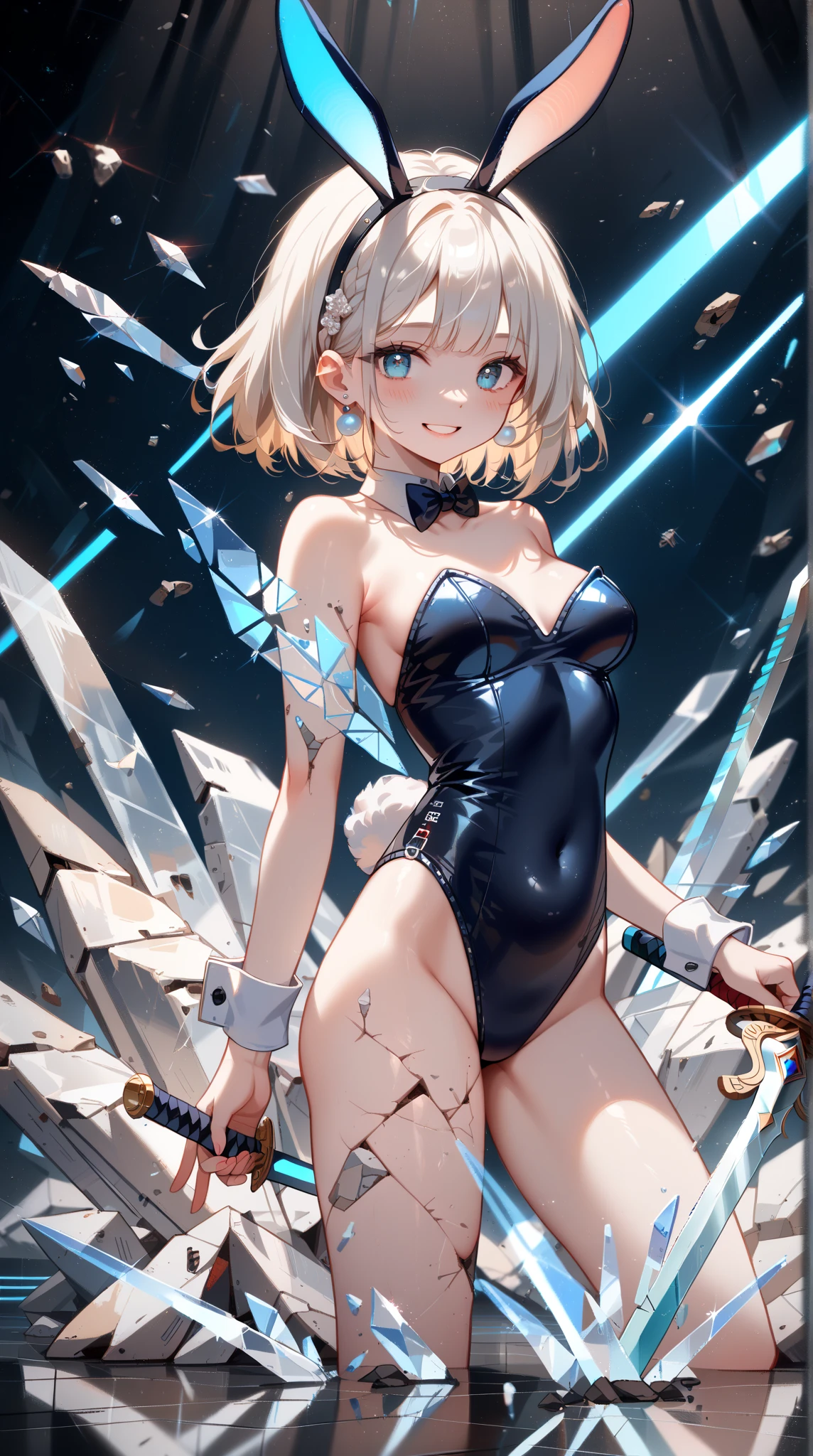 (flabbergasted), asuna ba, looking at viewer, large breasts, ribbon, long hair, light brown hair, smile, ass visible through thighs, hair over one eye, strapless, blue bowtie, black pantyhose,playboy bunny, gloves,animal ears, mole, covered navel, fake animal ears, mole on breast, white gloves,highleg leotard,strapless leotard, bare shoulders, pantyhose, traditional bowtie, rabbit ears,detached collar, bowtie, thighband pantyhose, blue leotard, blue bow, cleavage,high-heels,blue high-heels , halo, solo, blue eyes, 1girl, panties,white background,simple background, show off nipple,REGULAR CROSS HARITSUKE, WOOD CROSS, V LEGS, FOLDED, WRISTS TO ANKLES, BOUND WRISTS, BOUND ANKLES, girl in crucified,full body,