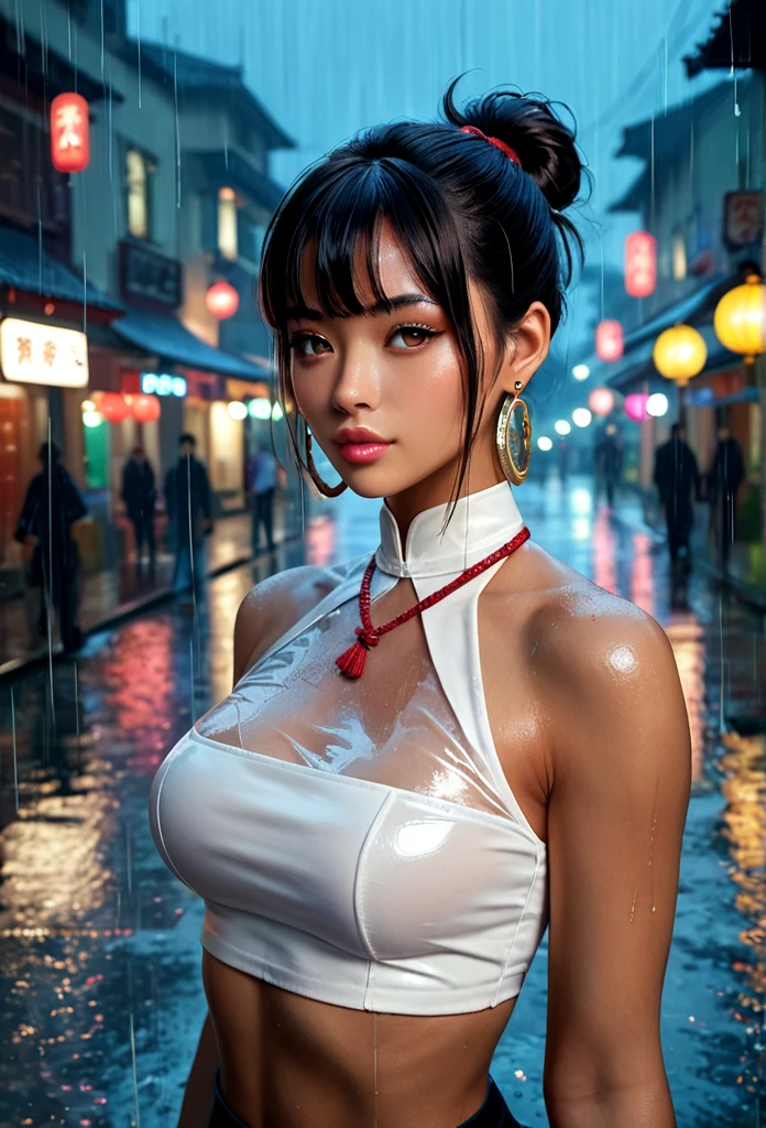 A beautiful busty Asian woman in a tight latex bodysuit,long braided white black streaked hair, standing in a moonlit cloudy night, (best quality,4k,8k,highres,masterpiece:1.2),ultra-detailed,(realistic,photorealistic,photo-realistic:1.37),extremely detailed eyes and face,longeyelashes,detailed latex bodysuit,high fashion,cinematic lighting,dramatic shadows,vibrant colors,neon highlights,moody atmosphere