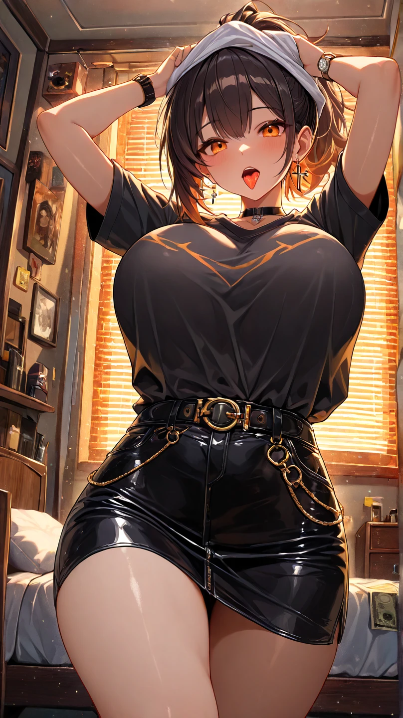 (masterpiece:1.3), (highly detailed:1.3), (highres:1.1), best quality, Ultra-detail, 1girl, solo, looking at viewer, fiery tail, wolf ears, Sinder vtuber, cleavage, standing, excited, red top, black mini skirt, pleated skirt. midriff, brunette, 