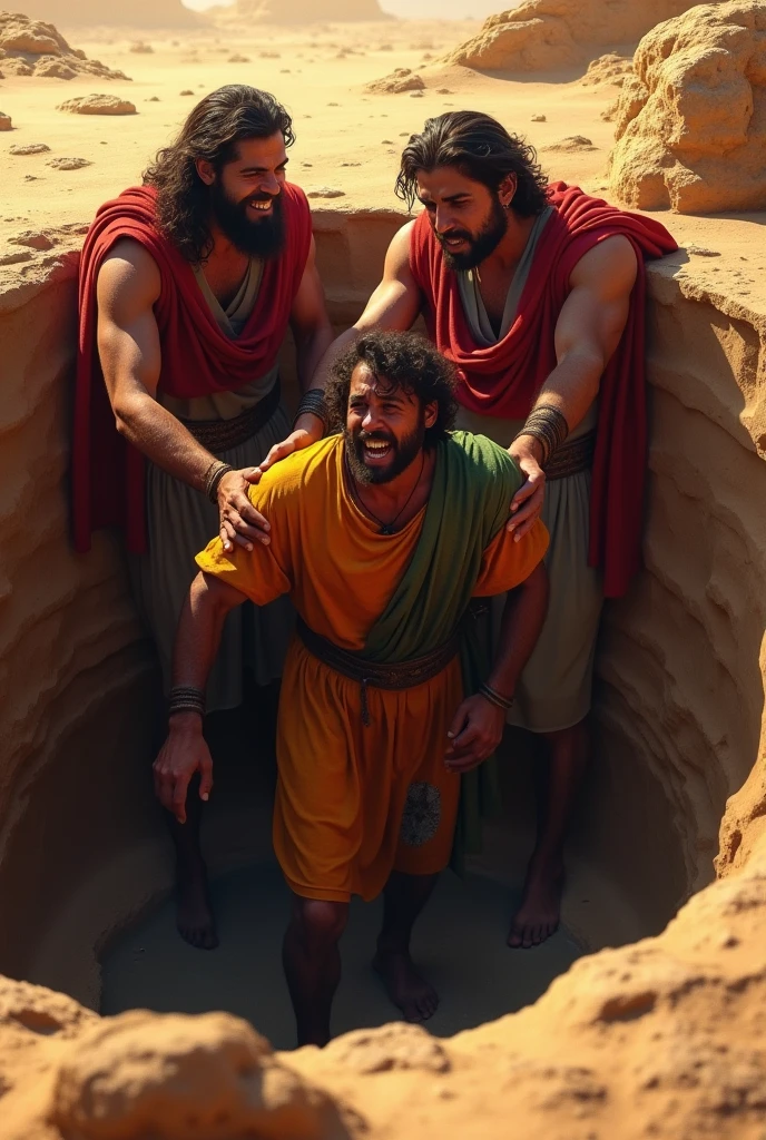 A group of brothers with expressions of anger and jealousy, looking for jose, who is dressed in a colorful cloak. The background is a barren desert at sunset, with shades of orange and purple. The composition should emphasize the tension between the brothers, with José in the center, showing confusion and sadness.