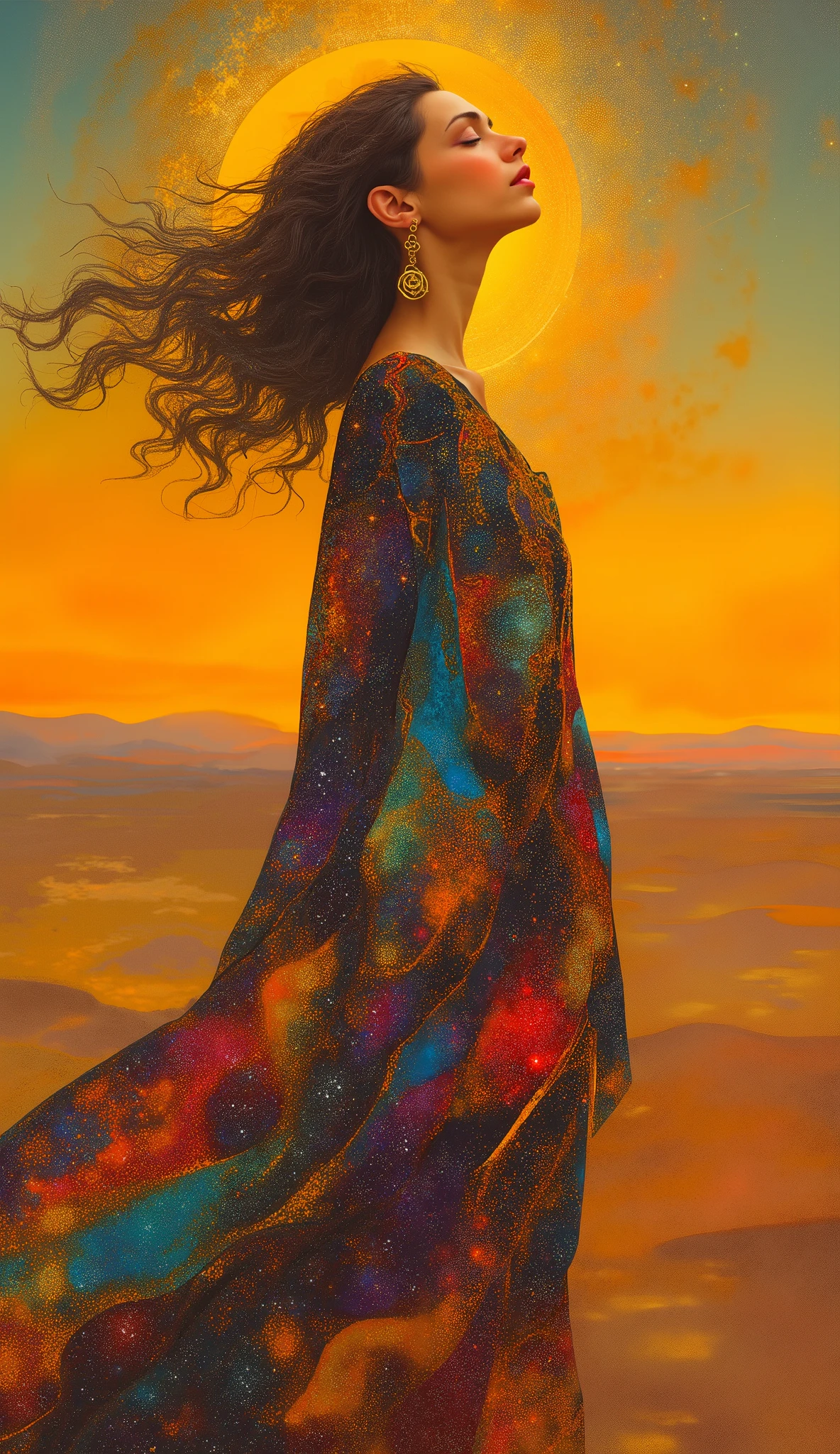 female figure, cosmic goddess theme, flowing cosmic robe with stained glass patterns, vibrant nebula and galaxy textures in garment, golden outlines and intricate abstract shapes, soft serene expression, head tilted back in peace, surreal desert landscape in the background, painterly style, inspired by Klimt, soft lighting, warm sunset palette, ultra detailed, fantasy concept art