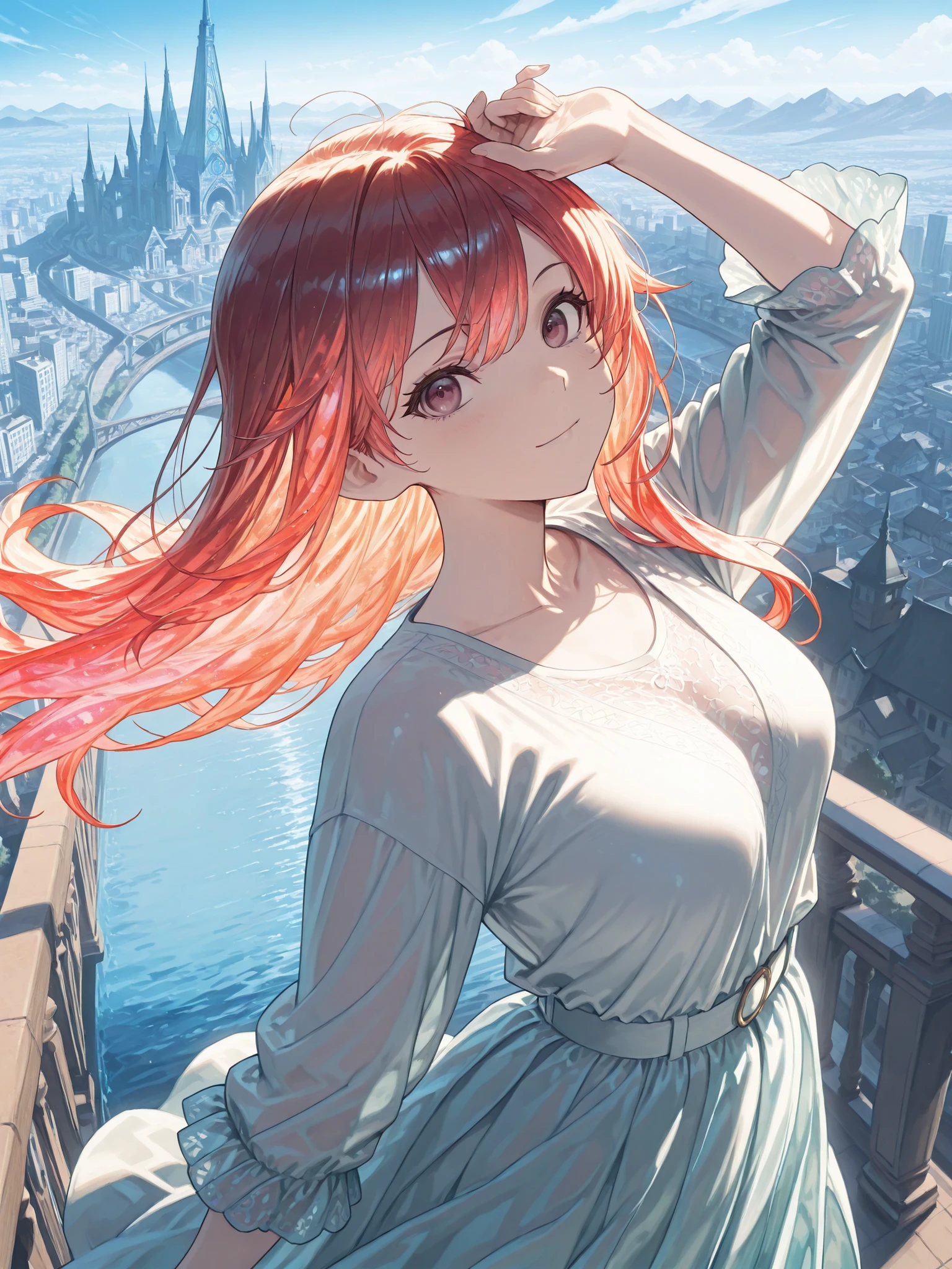 (masterpiece:1.2), Very Intricate Details, ff7 style, dynamic painting that will make you throw your head back, depicts a bustling city with majestic bridges over a wide river, The vast landscape is full of vivid colors , score_9, score_8_up, score_7_up, masterpiece, source_anime,1girl,soro,
Highly transparent hair