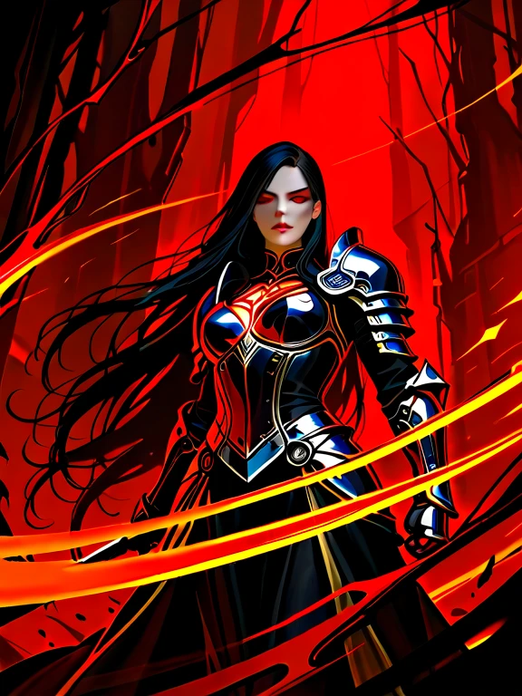 A beautiful woman with black hair and red eyes dangerous with silver armor