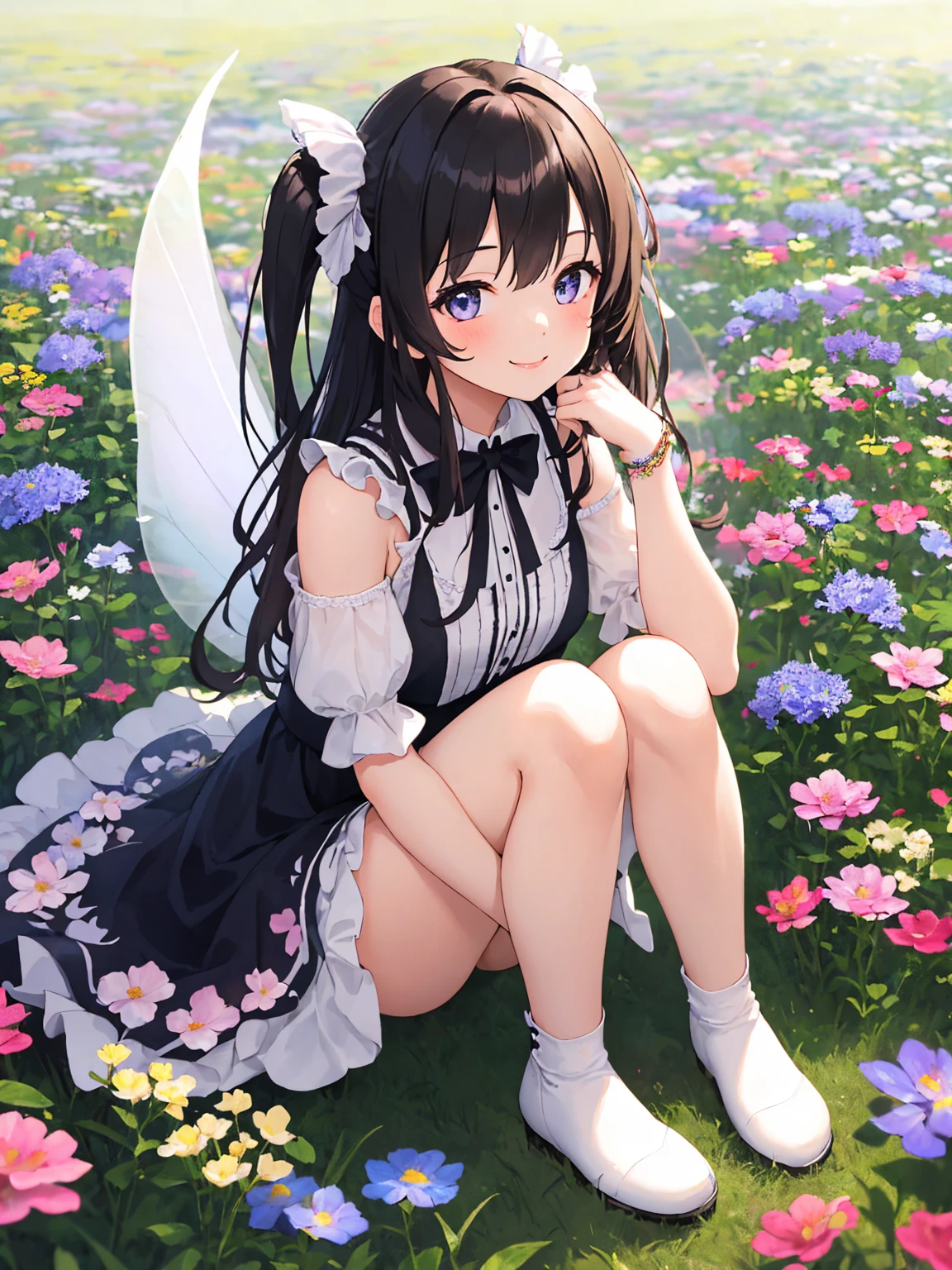 master piece, ultra detailed, hyper realistic, Girl sitting on a stump playing classical guitar, Alice in wonderland dress, blue dress with white apron, peter pan collar, puff sleeves, knee-length skirt, white stockings, black Mary jane shoes, An infectious smile that makes everyone around feel happy, flower field, a forest with sunlight filtering through the trees, creating a spotlight like effect of dappled light, detailed lighting, intricate shadows, warm tones, highly detailed, photorealistic, A Dutch angle shot, tilted to one side for a dynamic and dramatic effect, 