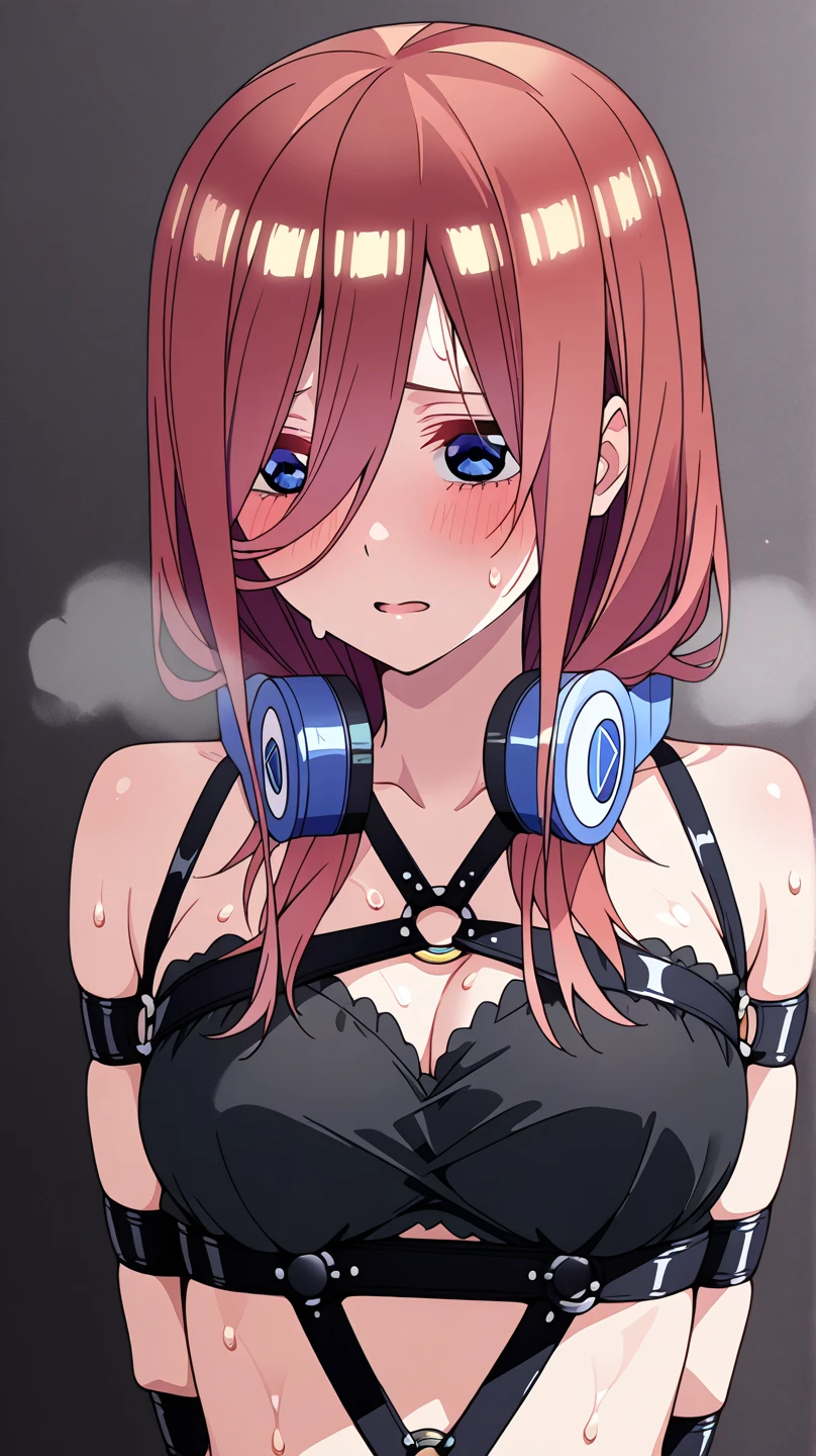 masterpiece, best quality, highres, nm1, red hair, headphones around neck, school uniform, long sleeves, blue cardigan, green skirt, pantyhose, ashaned, (((blushing a lot))), thighs, breasts, ((black laced bra)), visible bra