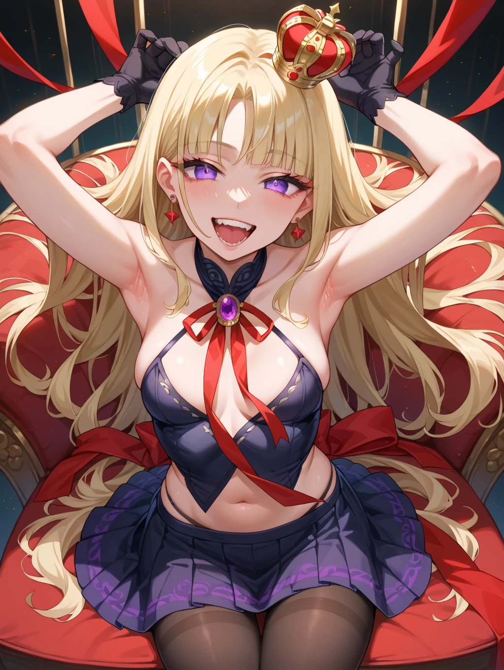 Semi-long blonde hair　Only the tip is green　tiara　Precious metals　Red Cape　Royalty　girl　front　Wicked Smile、((Grin))　Background white　Small breasts　Slender　necklace　Bracelet　Shoulder Bare　Slut　Hearts in the eyes　Star Earrings　Sweat　Embarrassed　Lolita