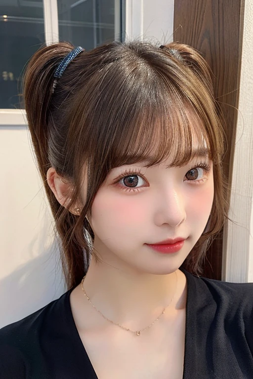 ((best quality)), ((masterpiece)), (detailed), perfect face. Asian girl. Selfie. Blank T-shirt. Bedroom wall. Ponytail.